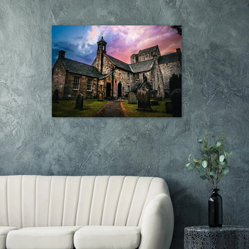 Torphichen Preceptory sunset wall art with medieval tower and church silhouetted against golden sky