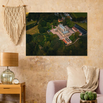 Rosslyn Chapel aerial wall art showing chapel roof, churchyard and Roslin Glen trees