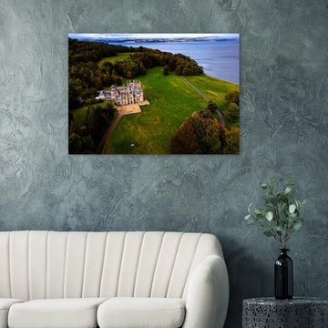 Dalmeny House aerial wall art showing Tudor Gothic mansion, lawns and surrounding woodland