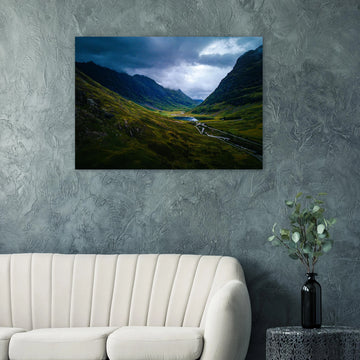 Glencoe valley wall art with moody clouds over steep Highland mountains and glen road