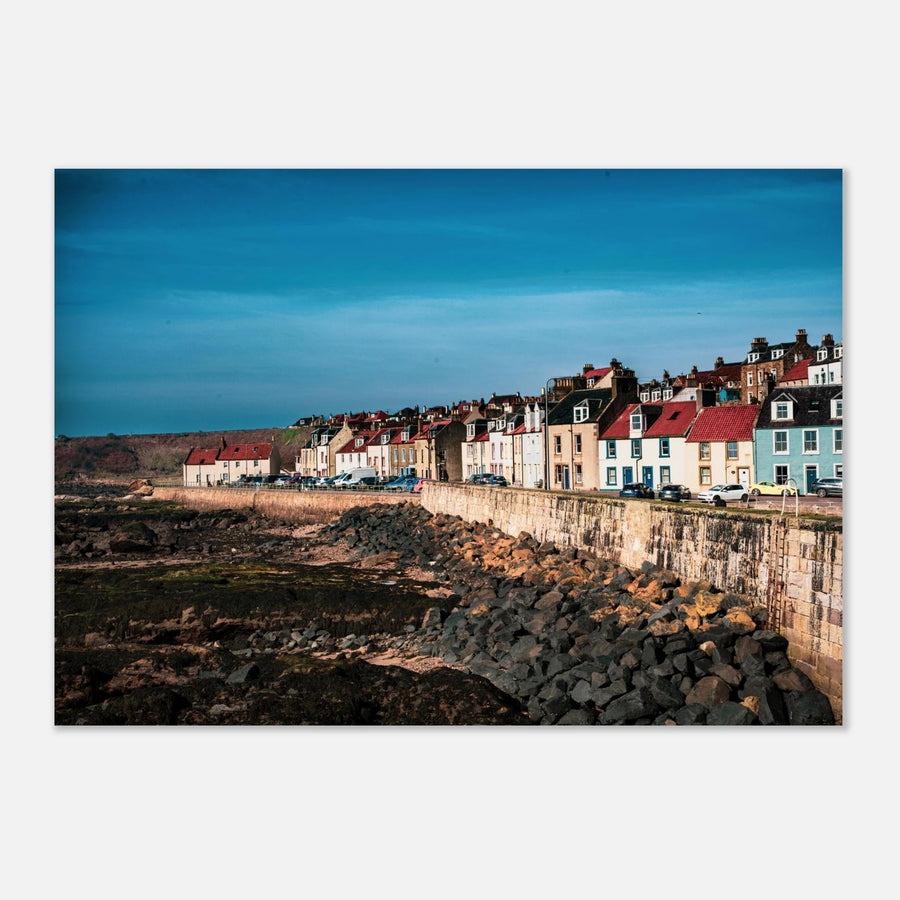 Pittenweem village wall art with white cottages and red roofs along narrow East Neuk street