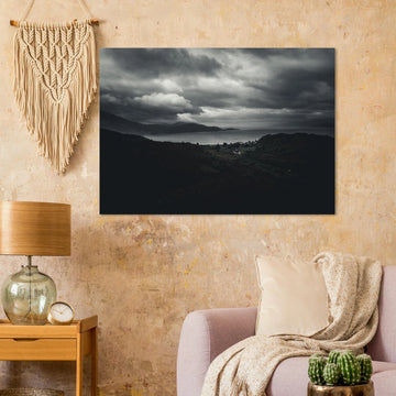 Loch Linnhe Scottish Highlands wall art showing a dark moody view over the sea loch with distant hills and heavy storm clouds above the Scottish coastline