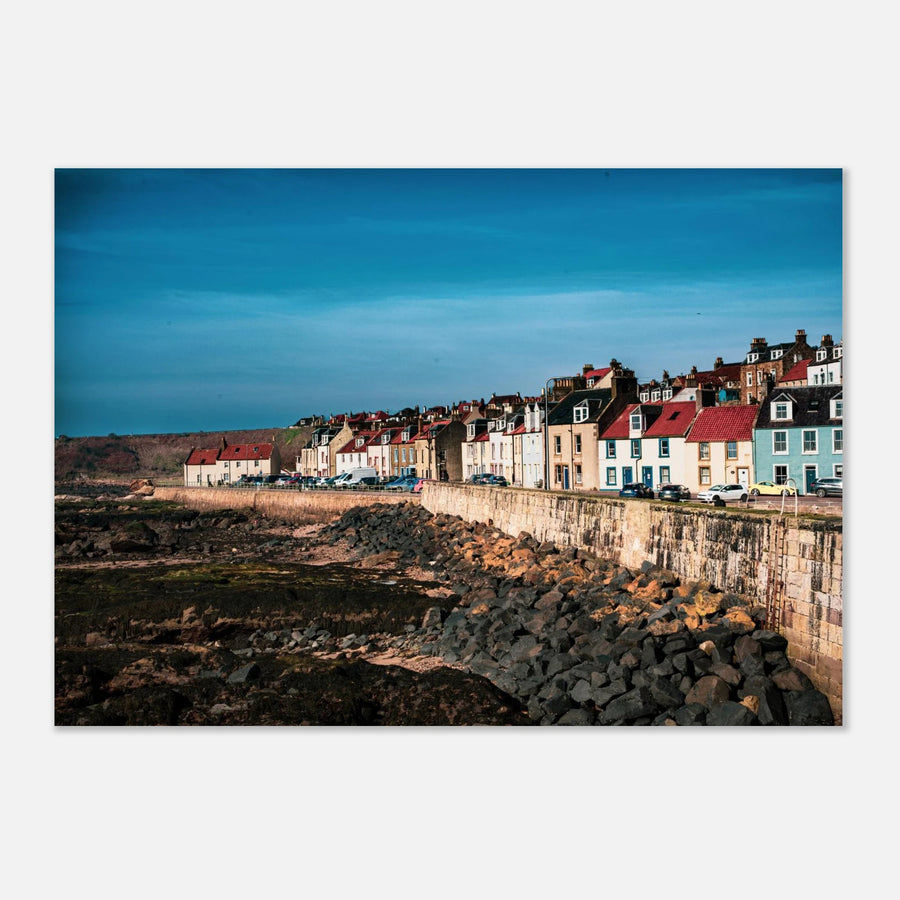 Pittenweem village wall art with white cottages and red roofs along narrow East Neuk street