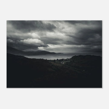 Loch Linnhe Scottish Highlands wall art showing a dark moody view over the sea loch with distant hills and heavy storm clouds above the Scottish coastline