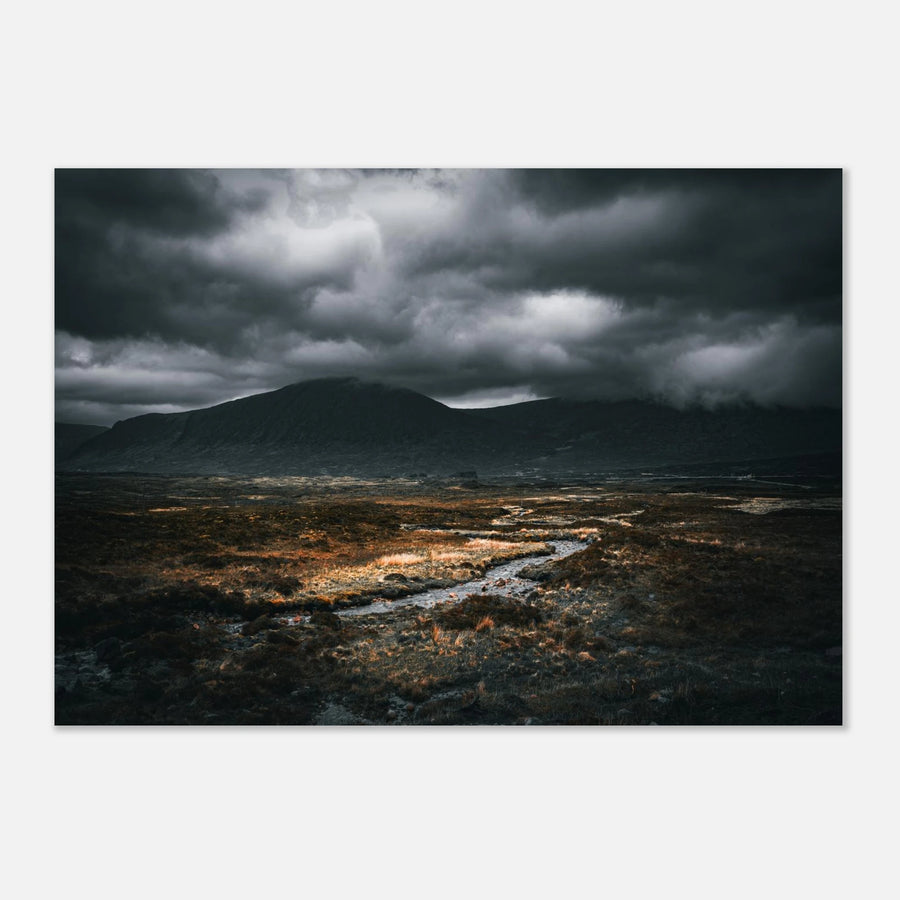 West Highland Way wall art featuring a moody Scottish Highlands landscape with dramatic storm clouds and winding river.