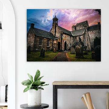 Torphichen Preceptory sunset wall art with medieval tower and church silhouetted against golden sky