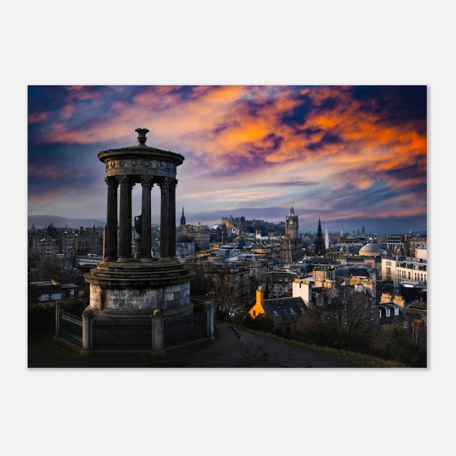 Edinburgh Calton Hill sunset wall art with Dugald Stewart Monument and moody sky over city skyline