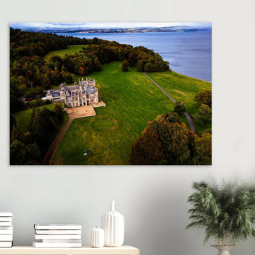 Dalmeny House aerial wall art showing Tudor Gothic mansion, lawns and surrounding woodland