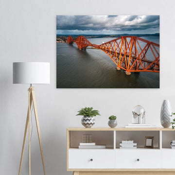 Forth railway bridge aerial wall art with red cantilever spans over the Firth of Forth