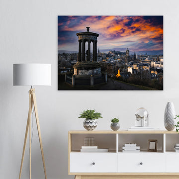 Edinburgh Calton Hill sunset wall art with Dugald Stewart Monument and moody sky over city skyline