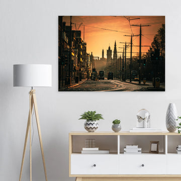 Edinburgh Princes Street sunrise wall art with Balmoral clock tower and Calton Hill under moody sky