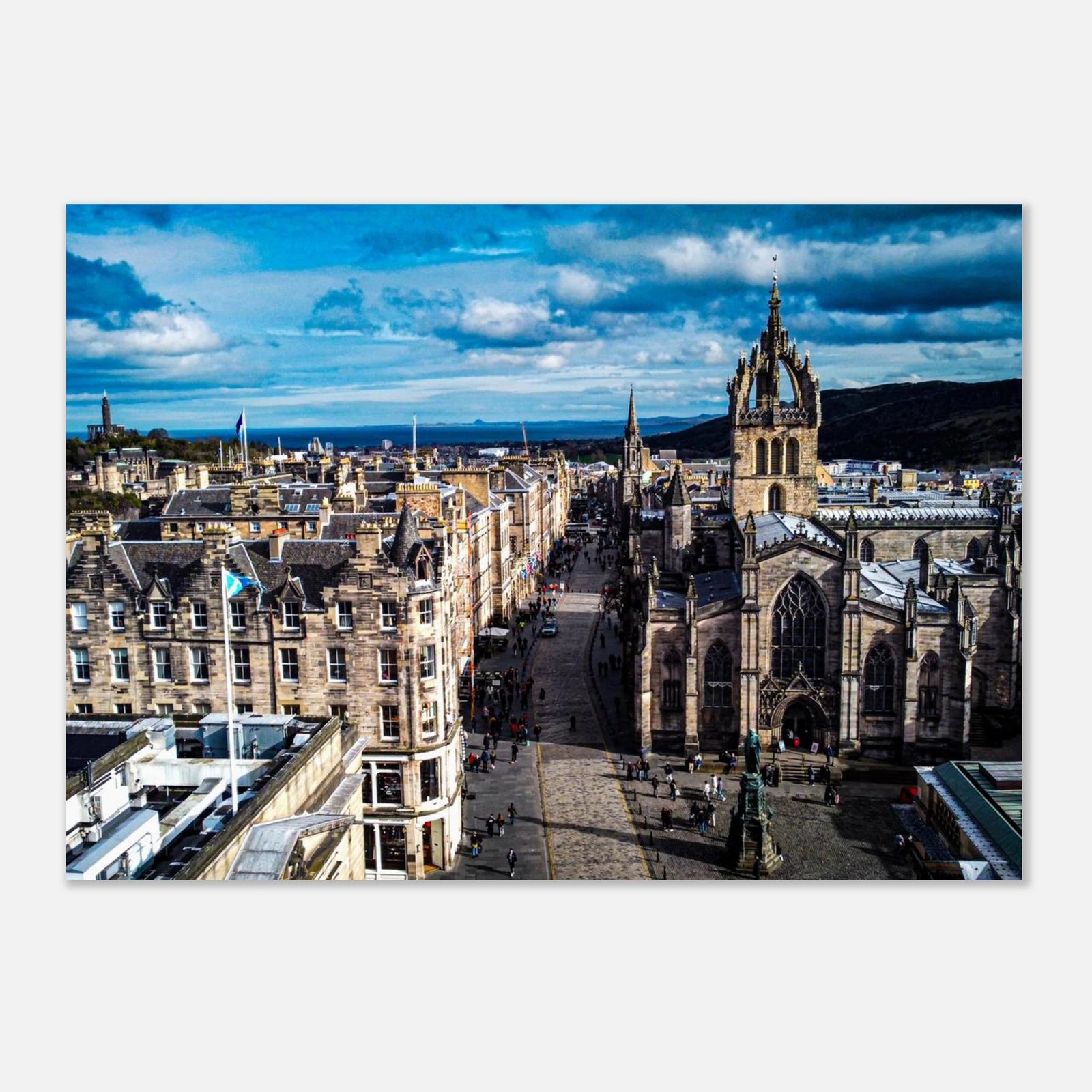 St Giles Cathedral Royal Mile wall art with aerial view of Edinburgh Old Town