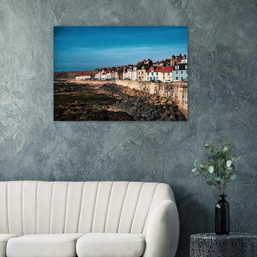 Pittenweem village wall art with white cottages and red roofs along narrow East Neuk street