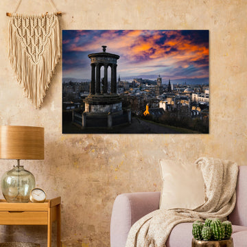Edinburgh Calton Hill sunset wall art with Dugald Stewart Monument and moody sky over city skyline