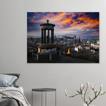 Edinburgh Calton Hill sunset wall art with Dugald Stewart Monument and moody sky over city skyline