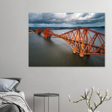 Forth railway bridge aerial wall art with red cantilever spans over the Firth of Forth