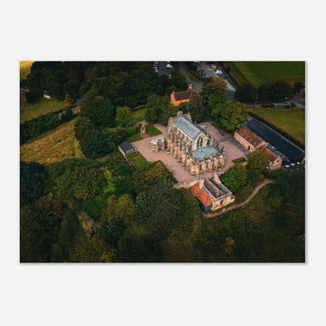 Rosslyn Chapel aerial wall art showing chapel roof, churchyard and Roslin Glen trees