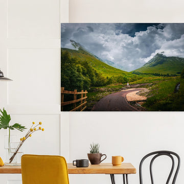 Glencoe orbital route stormy sky wall art with path leading through trees towards Pap of Glencoe under dark clouds