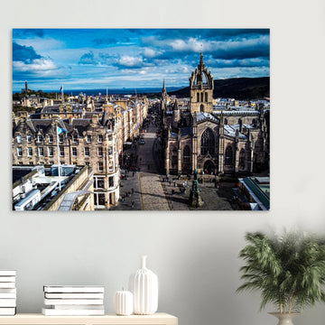 St Giles Cathedral Royal Mile wall art with aerial view of Edinburgh Old Town