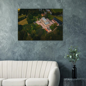 Rosslyn Chapel aerial wall art showing chapel roof, churchyard and Roslin Glen trees