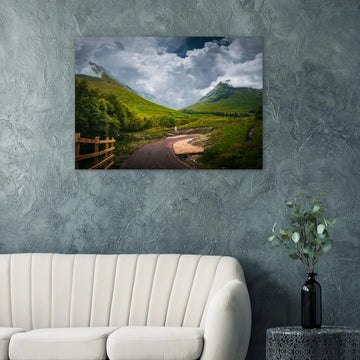 Glencoe orbital route stormy sky wall art with path leading through trees towards Pap of Glencoe under dark clouds