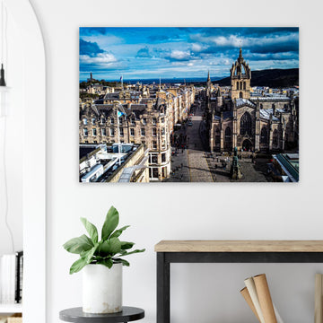 St Giles Cathedral Royal Mile wall art with aerial view of Edinburgh Old Town