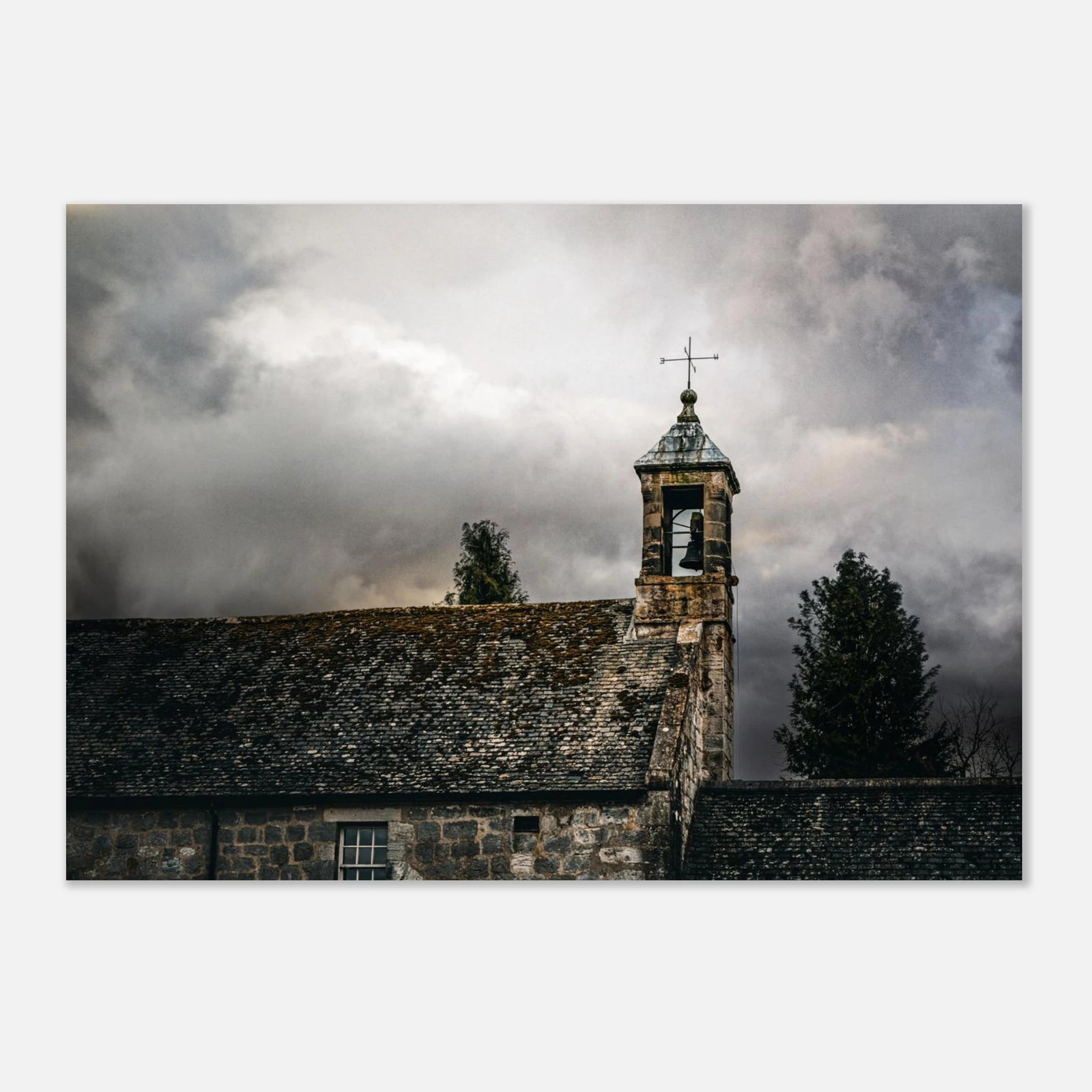 Torphichen parish church tower stormy sky wall art with kirk and medieval tower under dark clouds