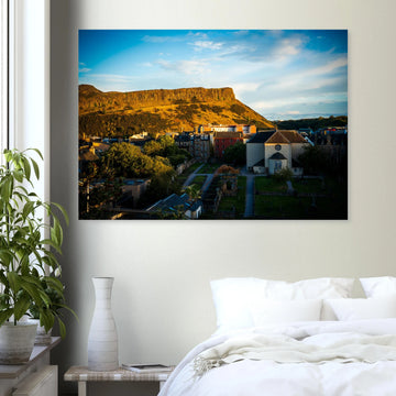 Arthur’s Seat sunset wall art with hill silhouette and glowing sky over Edinburgh cityscape