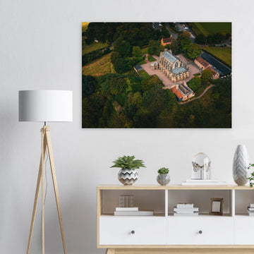 Rosslyn Chapel aerial wall art showing chapel roof, churchyard and Roslin Glen trees
