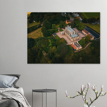 Rosslyn Chapel aerial wall art showing chapel roof, churchyard and Roslin Glen trees