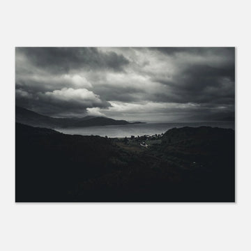 Loch Linnhe Scottish Highlands wall art showing a dark moody view over the sea loch with distant hills and heavy storm clouds above the Scottish coastline