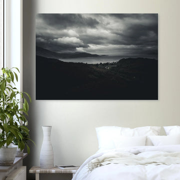Loch Linnhe Scottish Highlands wall art showing a dark moody view over the sea loch with distant hills and heavy storm clouds above the Scottish coastline