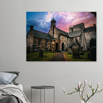 Torphichen Preceptory sunset wall art with medieval tower and church silhouetted against golden sky