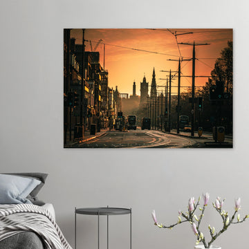 Edinburgh Princes Street sunrise wall art with Balmoral clock tower and Calton Hill under moody sky