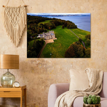Dalmeny House aerial wall art showing Tudor Gothic mansion, lawns and surrounding woodland