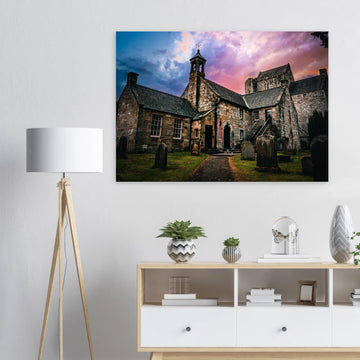 Torphichen Preceptory sunset wall art with medieval tower and church silhouetted against golden sky