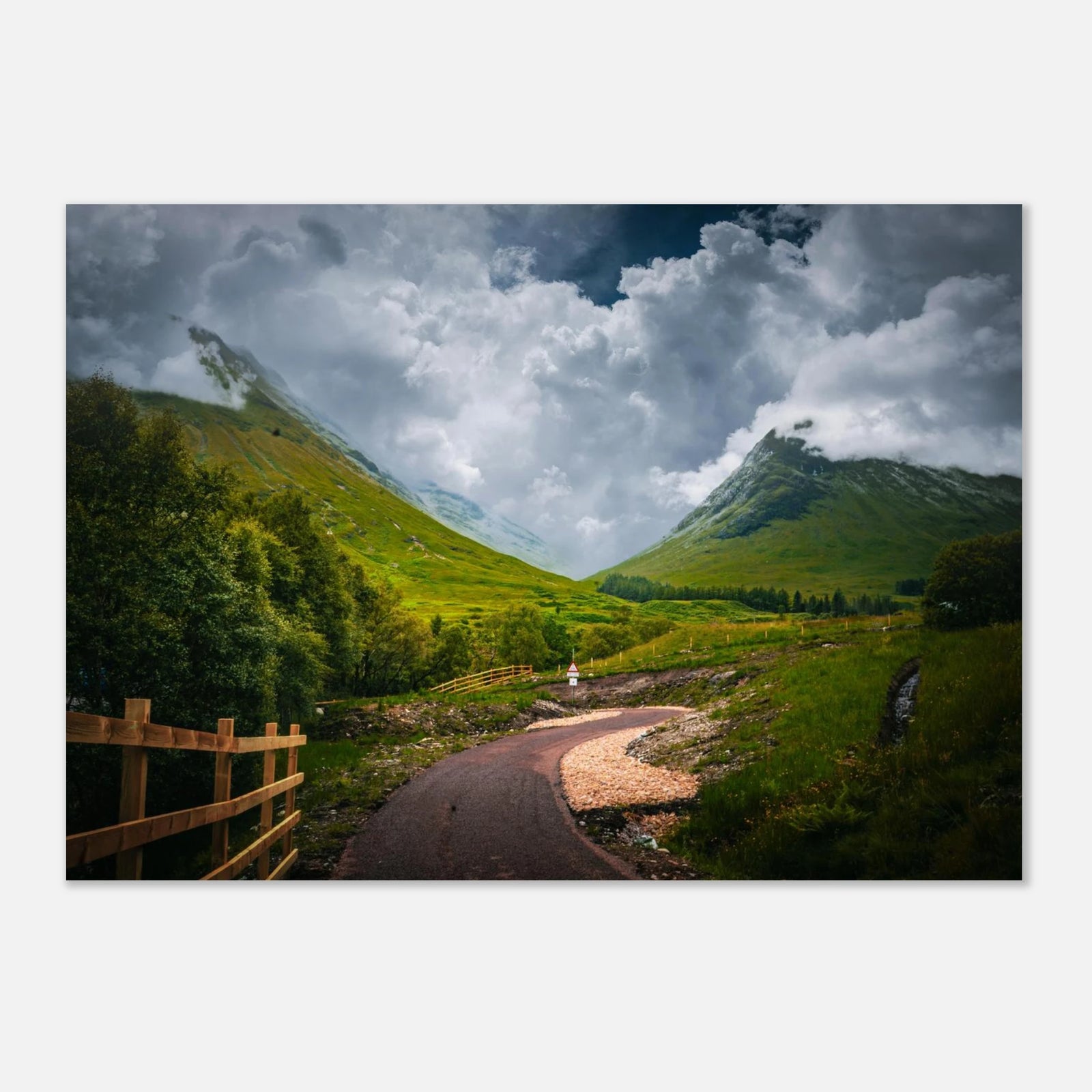 Glencoe orbital route stormy sky wall art with path leading through trees towards Pap of Glencoe under dark clouds