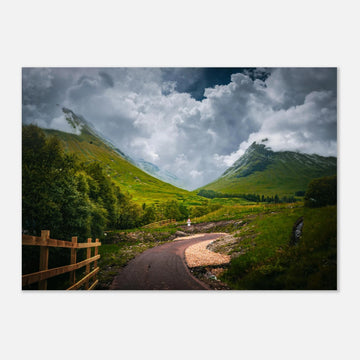 Glencoe orbital route stormy sky wall art with path leading through trees towards Pap of Glencoe under dark clouds