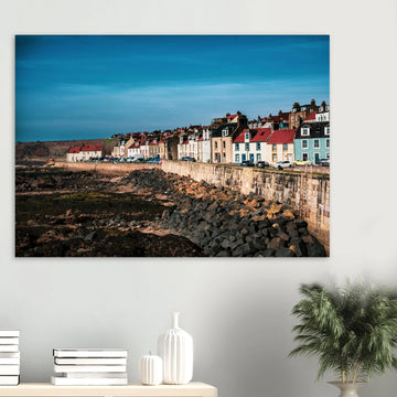 Pittenweem village wall art with white cottages and red roofs along narrow East Neuk street