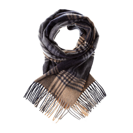 Cashmere Wide Scarf | Broken Check - Navy/Camel