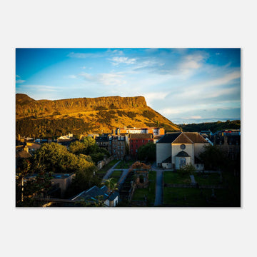 Arthur’s Seat sunset wall art with hill silhouette and glowing sky over Edinburgh cityscape