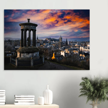 Edinburgh Calton Hill sunset wall art with Dugald Stewart Monument and moody sky over city skyline