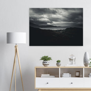 Loch Linnhe Scottish Highlands wall art showing a dark moody view over the sea loch with distant hills and heavy storm clouds above the Scottish coastline