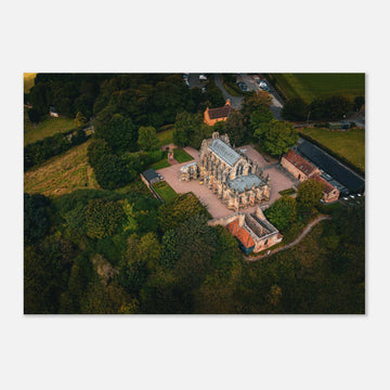 Rosslyn Chapel aerial wall art showing chapel roof, churchyard and Roslin Glen trees