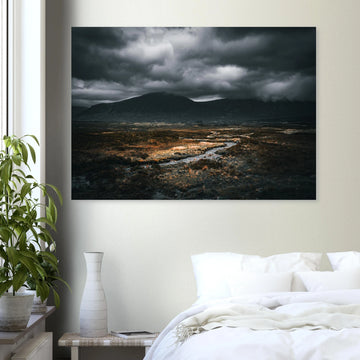 West Highland Way wall art featuring a moody Scottish Highlands landscape with dramatic storm clouds and winding river.