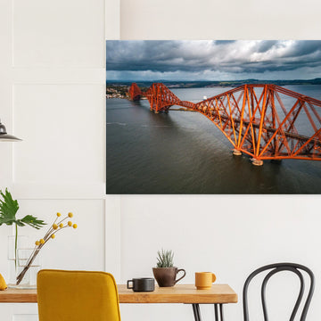 Forth railway bridge aerial wall art with red cantilever spans over the Firth of Forth
