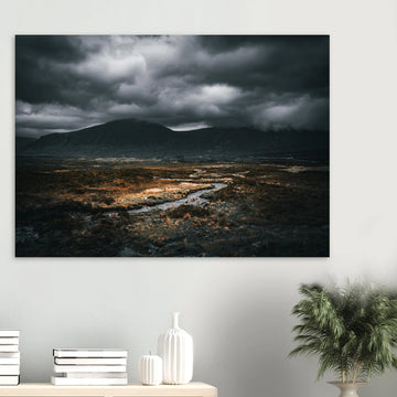 West Highland Way wall art featuring a moody Scottish Highlands landscape with dramatic storm clouds and winding river.