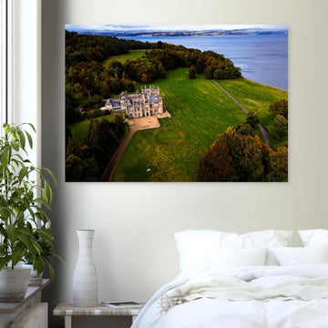 Dalmeny House aerial wall art showing Tudor Gothic mansion, lawns and surrounding woodland