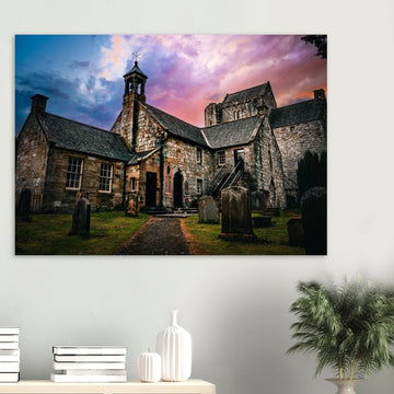 Torphichen Preceptory sunset wall art with medieval tower and church silhouetted against golden sky