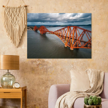Forth railway bridge aerial wall art with red cantilever spans over the Firth of Forth